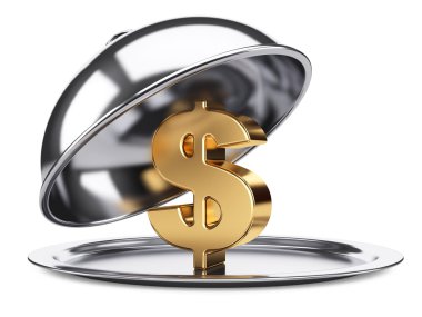 Restoran cloche altın dolar işareti ve açık kapak ile