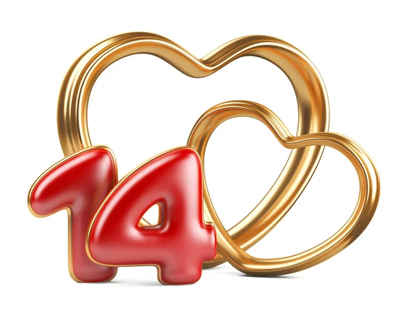 Red inscription 14 and two golden hearts shape — Stock Photo, Image