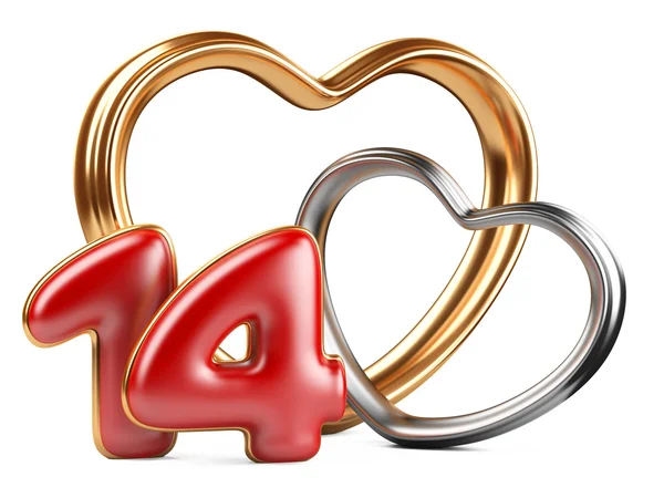 Red inscription 14 and two golden hearts shape — Stock Photo, Image
