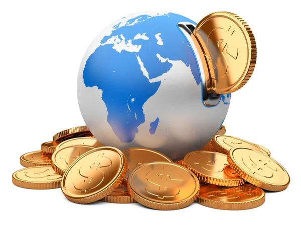 Earth moneybox and golden dollar coin — Stock Photo, Image