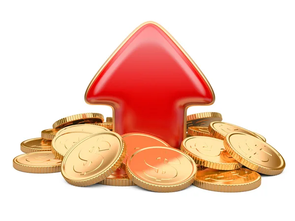 Flecha roja hacia arriba y monedas de oro, concepto de negocio —  Fotos de Stock