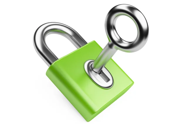 Metallic key in green padlock — Stock Photo, Image