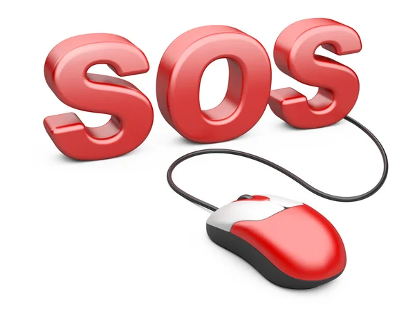 Computer mouse connected to the word sos - internet concept — Stock Photo, Image