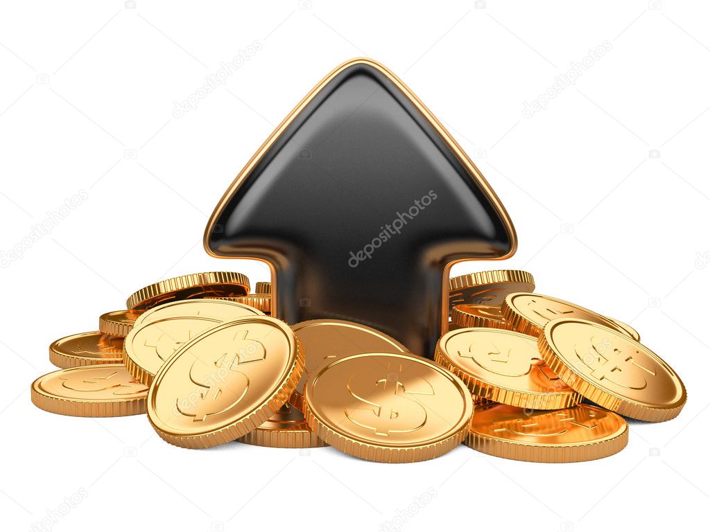 Black arrow upward and golden coins, business concept