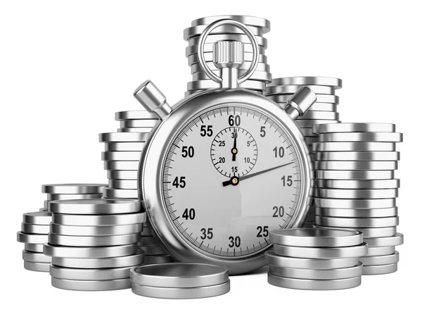 El tiempo es dinero - ilustración 3d de cronómetro y monedas de plata —  Fotos de Stock