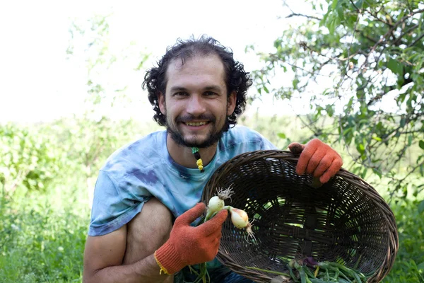 Man bedrijf groene uien — Stockfoto