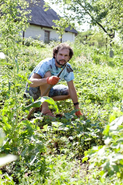 Человек, работающий в своем саду — стоковое фото