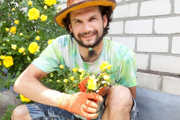 男子切割玫瑰花束 — 图库照片