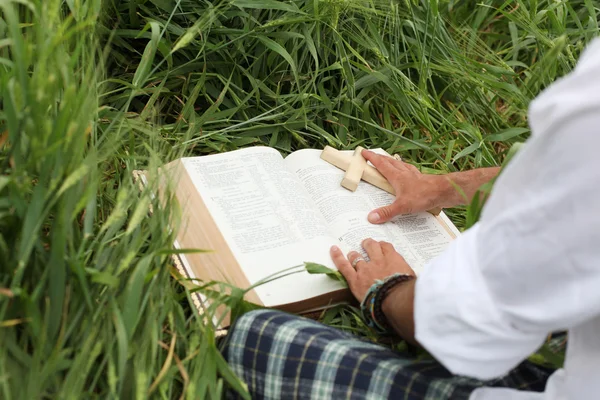 Hombre leyendo la Biblia en verano — Foto de Stock