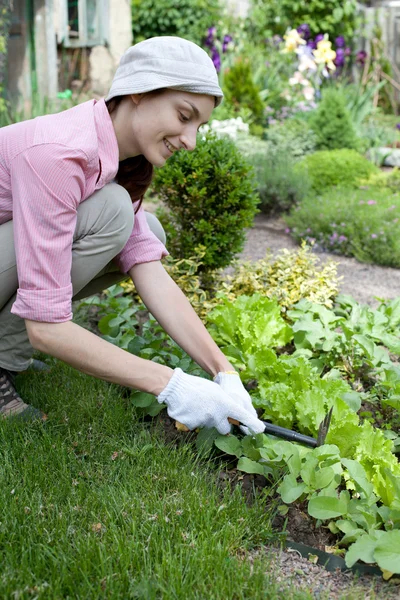 Jeune femme avec houe travaillant dans le lit de jardin — Photo