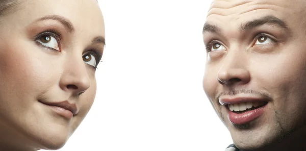Closeup portrait of happy man and woman looking up — Stock Photo, Image