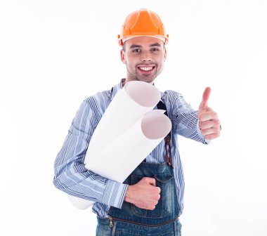 Beyaz arka plan taslakları ile erkek mimar