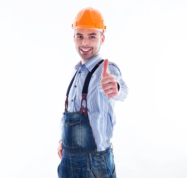 Retrato de un trabajador de la construcción con el sombrero de trabajo haciendo pulgares hacia arriba —  Fotos de Stock