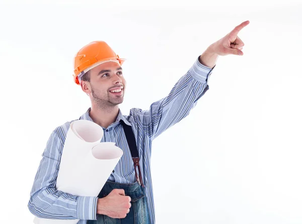 Ein Bauarbeiter, der mit dem Finger zeigt — Stockfoto