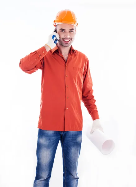 A builder with telephone — Stock Photo, Image