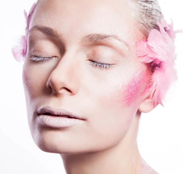 Blond fashion woman with pink face art — Stock Photo, Image