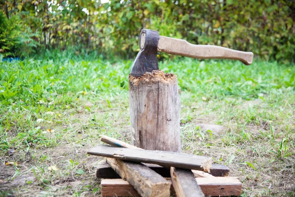 Ceppo con ascia e legna da ardere — Foto Stock