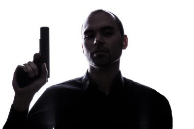 Kaukasische one-man houden pistool portret silhouet
