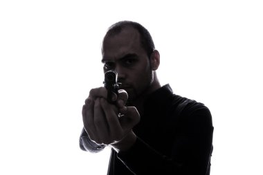 Kaukasische one-man houden pistool portret silhouet