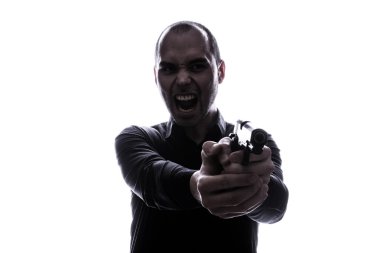 Kaukasische one-man houden pistool portret silhouet