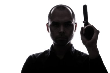 Kaukasische one-man houden pistool portret silhouet