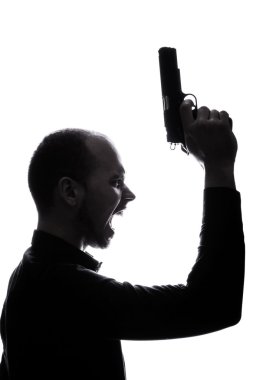 Kaukasische one-man houden pistool portret silhouet
