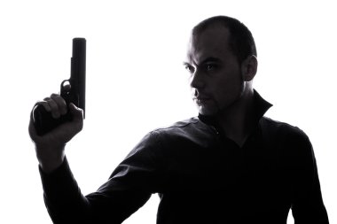 Kaukasische one-man houden pistool portret silhouet