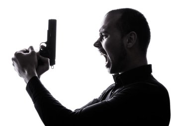 Kaukasische one-man houden pistool portret silhouet