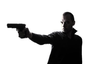 Kaukasische one-man houden pistool portret silhouet