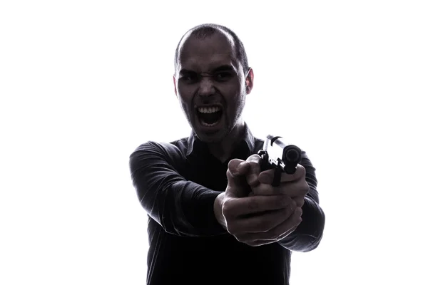 One caucasian man holding gun portrait silhouette — Stock Photo, Image