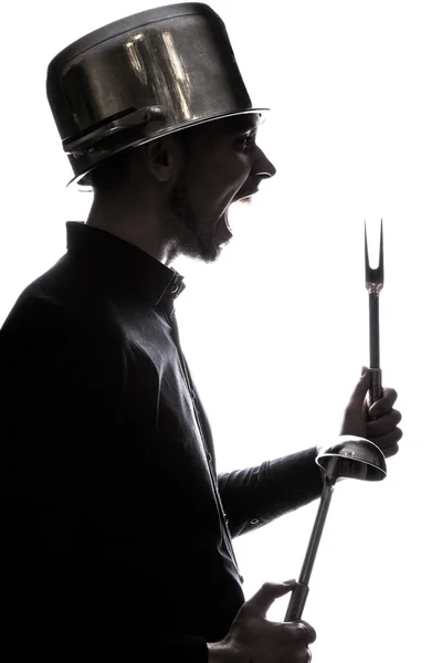 Portrait of a man with pan on his head — Stock Photo, Image