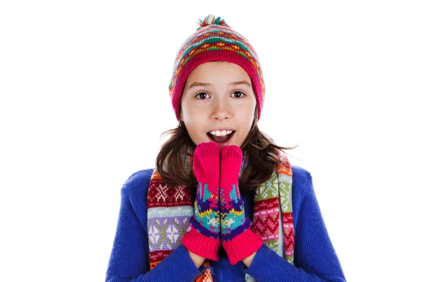 Beautiful little girl in cap and scarf — Stock Photo, Image