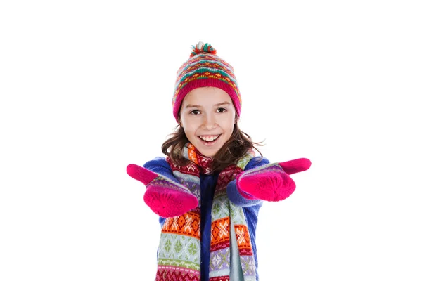 Beautiful little girl in cap and scarf — Stock Photo, Image