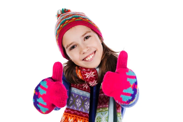 Girl showing thumbs up isolated one white — Stock Photo, Image