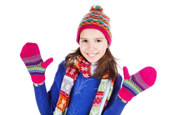 Beautiful little girl in cap and scarf — Stock Photo, Image