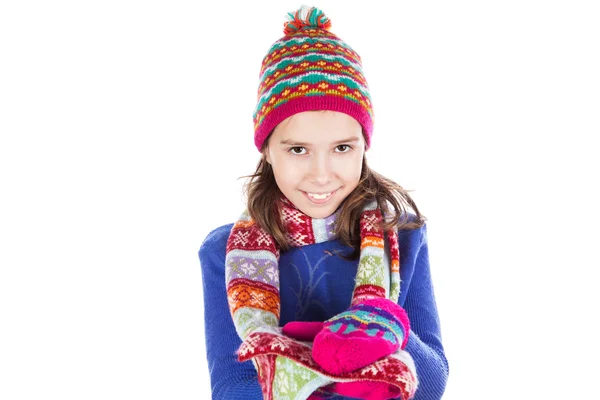 Beautiful little girl in cap and scarf — Stock Photo, Image