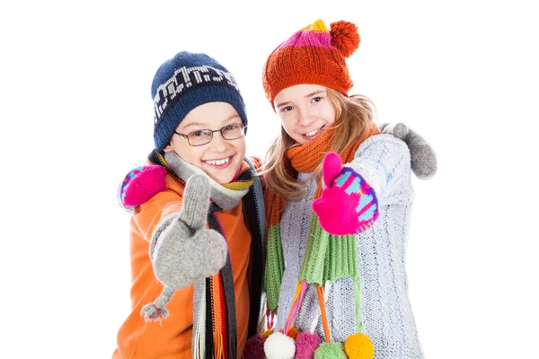 Happy boy and girl thumbs up — Stock Photo, Image