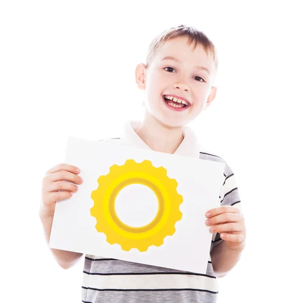 Gelukkige jongen met versnelling-wiel teken — Stockfoto