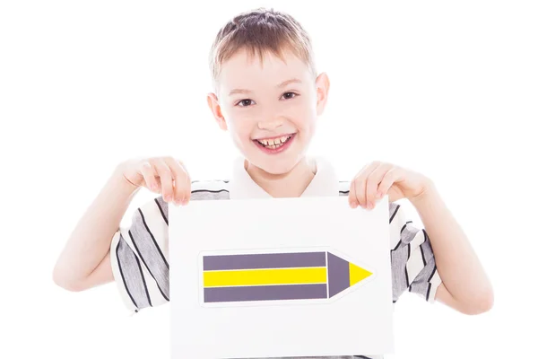 Szczęśliwy chłopiec z znak ołówkiem — Zdjęcie stockowe
