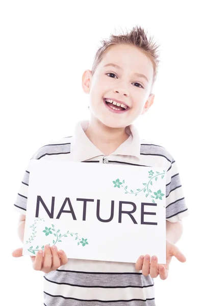 快乐的男孩，与自然标志 — 图库照片