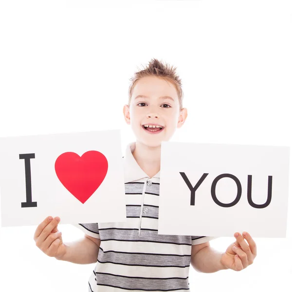 Happy boy with sign — Stock Photo, Image