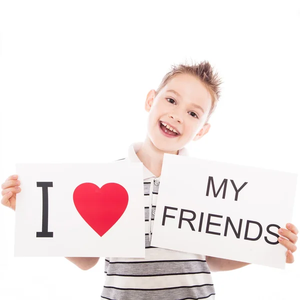 Happy boy with sign — Stock Photo, Image