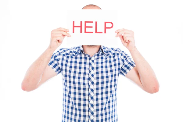 Jonge man met help banner — Stockfoto