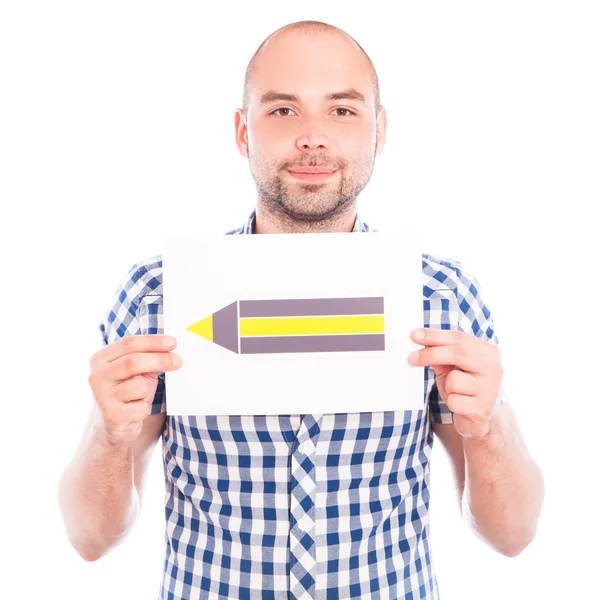 Happy young man with sign — Stock Photo, Image