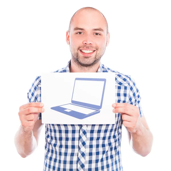 Happy young man with sign — Stock Photo, Image