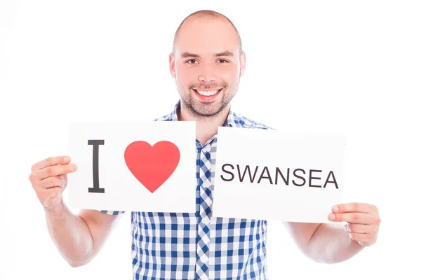 Man with city sign. — Stock Photo, Image