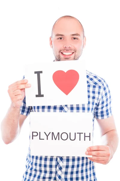 Man with city sign. — Stock Photo, Image