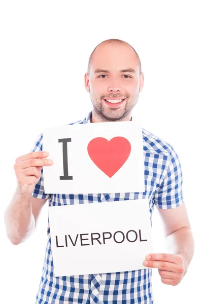 Man med staden underteckna liverpool. — Stockfoto