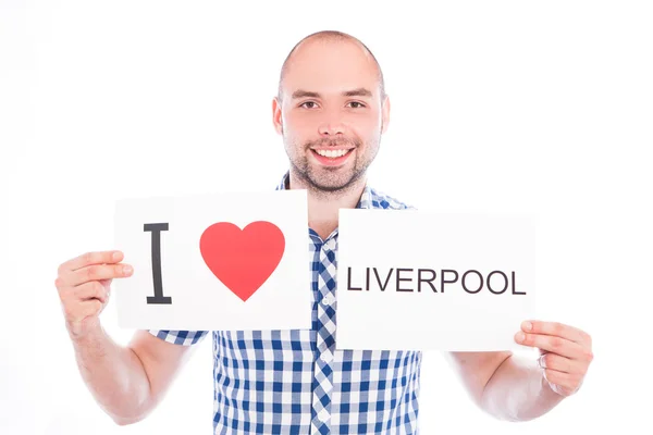 Uomo con cartello città Liverpool . — Foto Stock