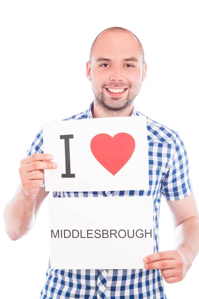 Man with city sign Middlesbrough. — Stock Photo, Image